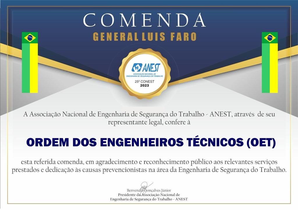 Certificado da Comenda concedido à Ordem dos Engenheiros Técnicos (OET)