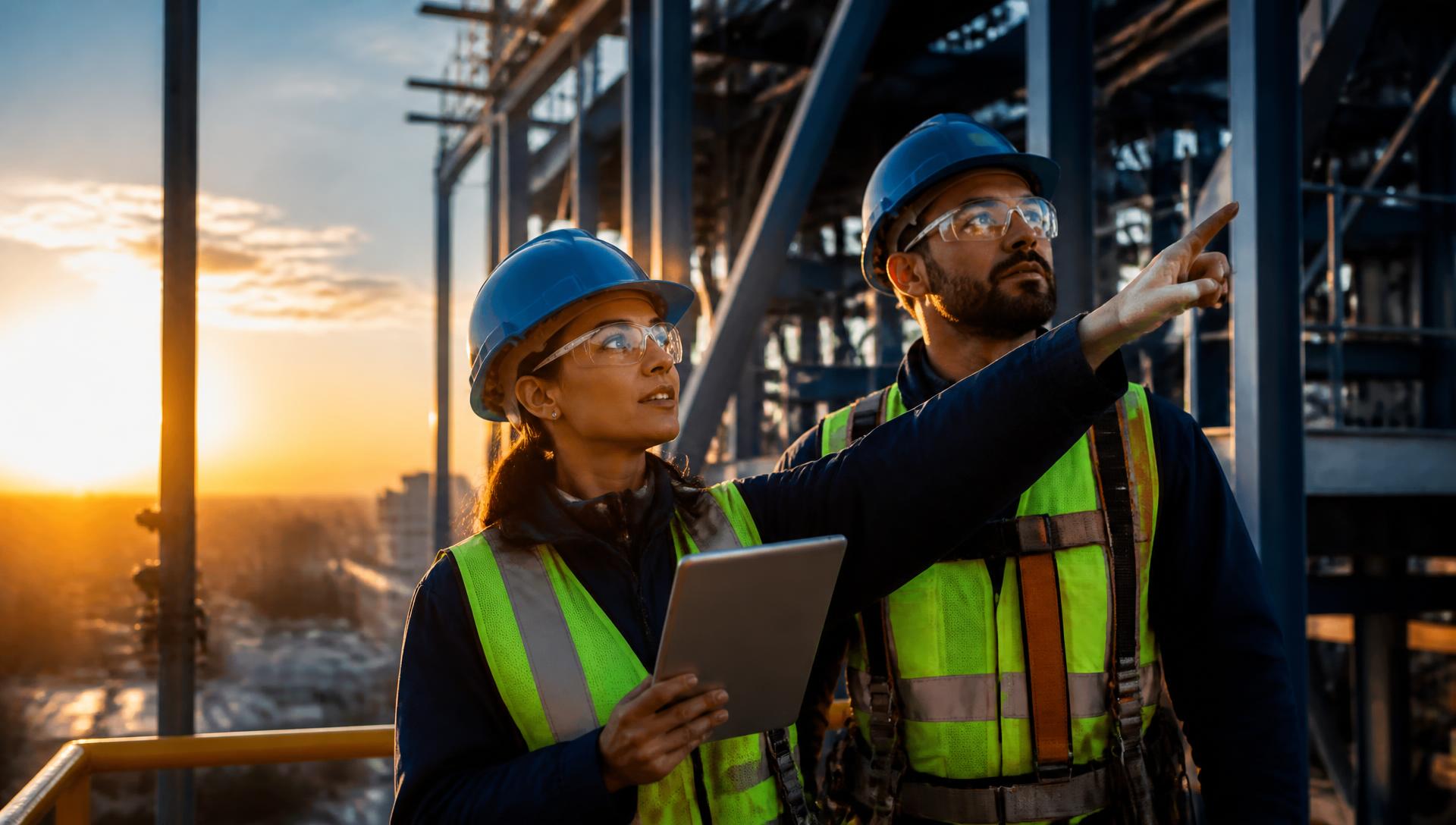 Engenheiros de segurança do trabalho inspecionando uma obra industrial